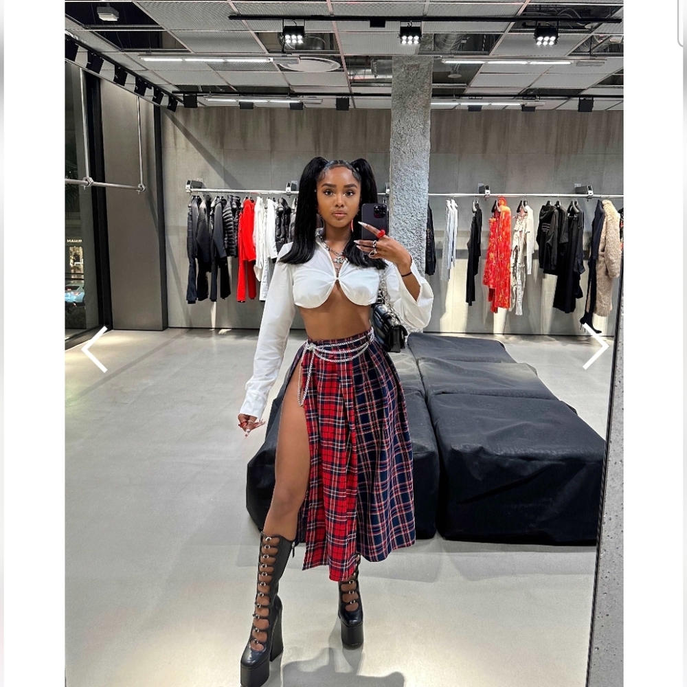 Pink Plastics plaid high slit skirt